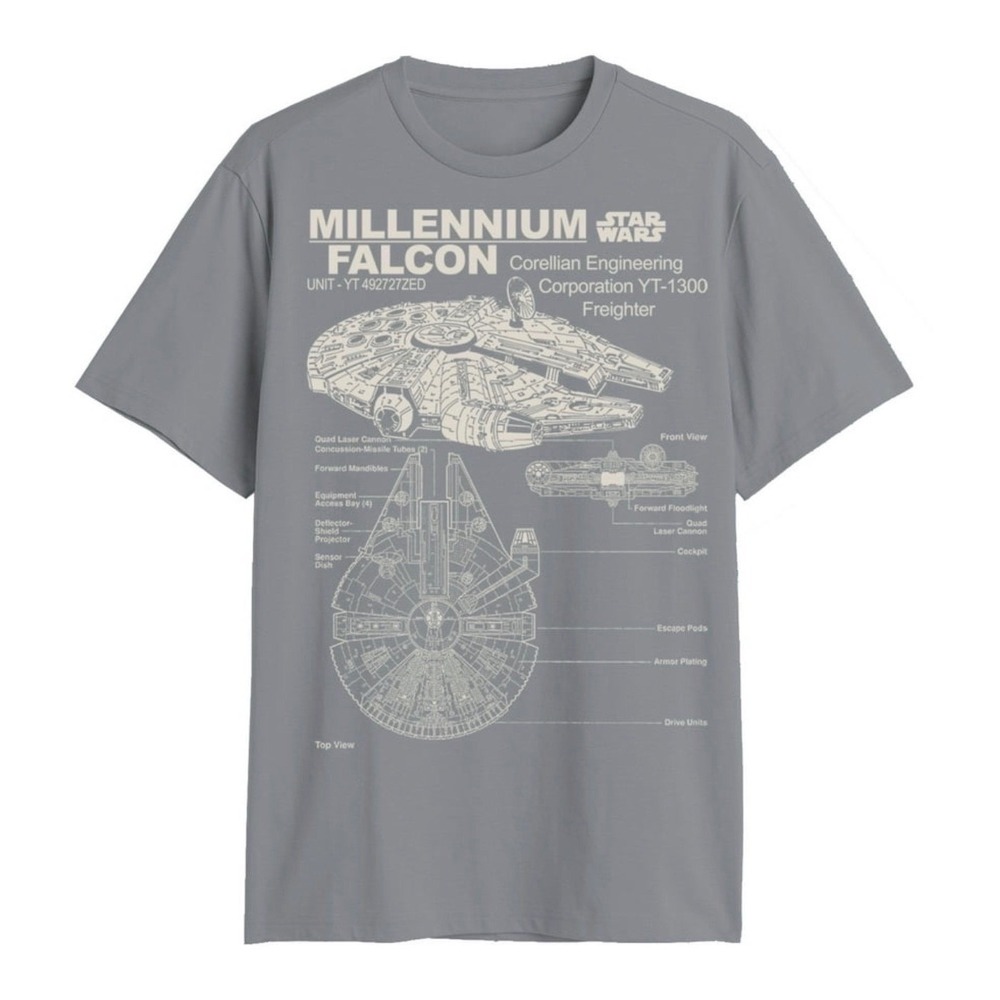 Star Wars Mens Millennium Falcon Corellian Freighter Graphic Tee Charcoal 3XL